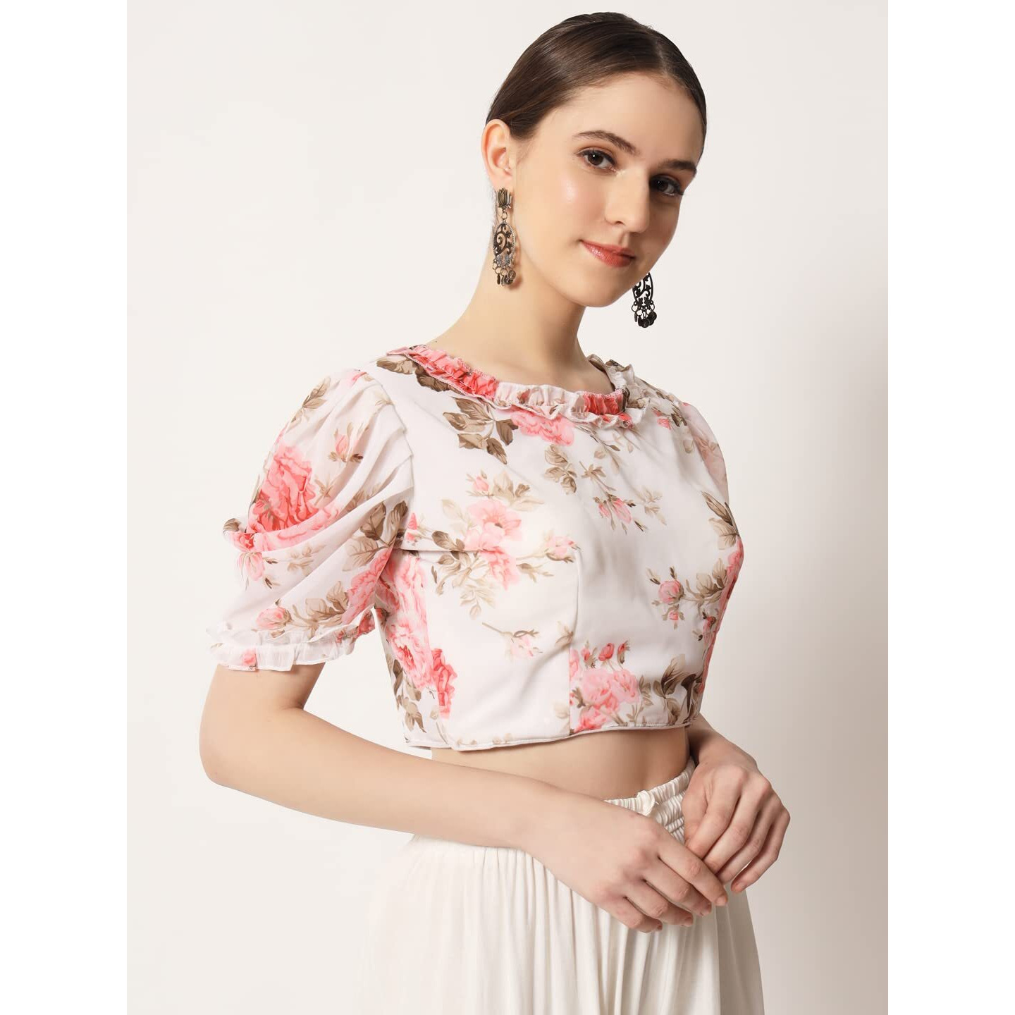 Pujia Mills Women's Floral Printed Georgett Puffy Sleeve Round Neck Line White Blouse (Moksha) (34, White)