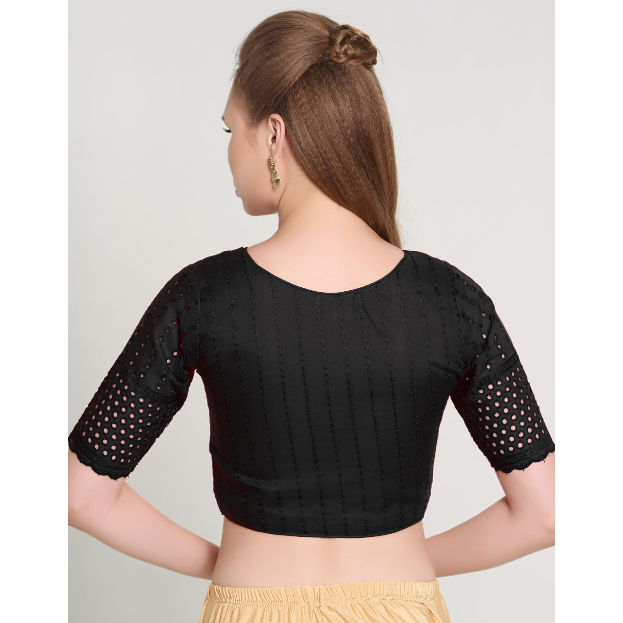 Pujia Mills Women's Trendy Hakoba Chikankari Work Half Sleeve Black Saree Blouse (Hakoba 13 Black_38)