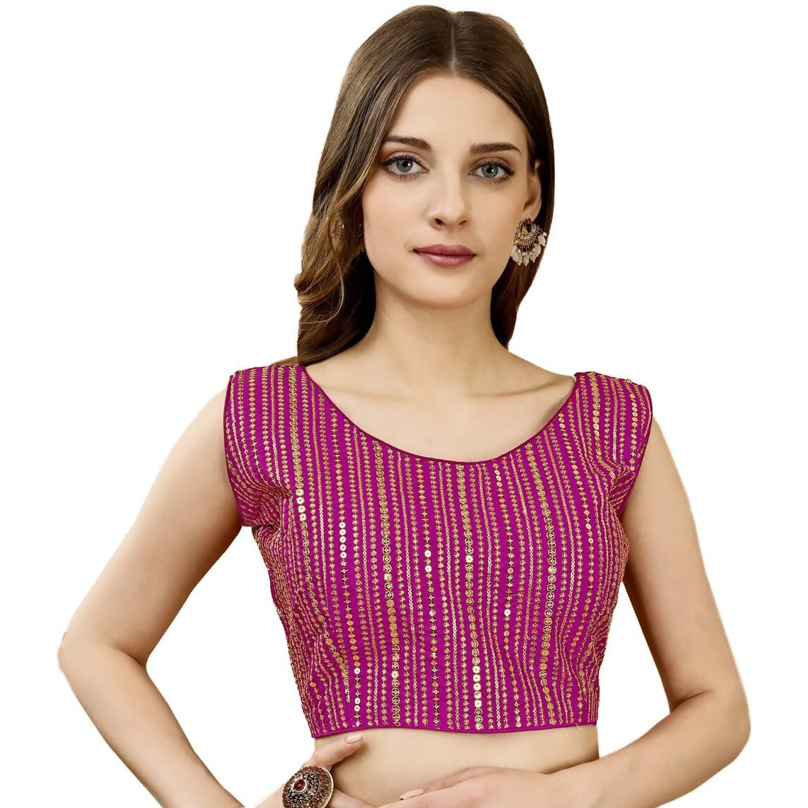 Pujia Mills Women's Sequin Embroidered U Neck Sleeveless Readymade Saree Blouse Indian Ethnic Designer Stitched Women's Pink Blouse For Women