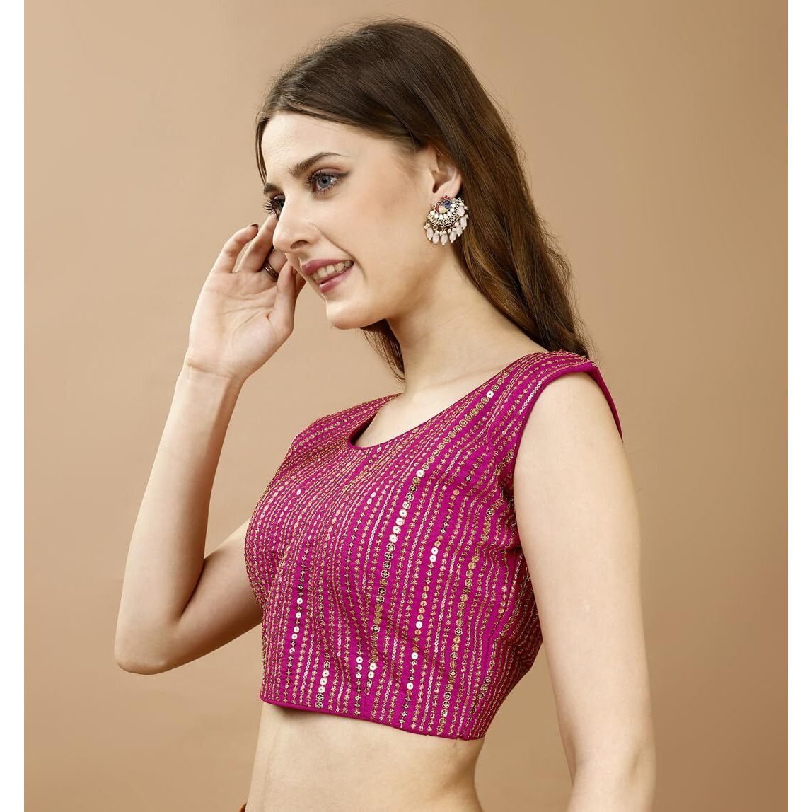 Pujia Mills Women's Sequin Embroidered U Neck Sleeveless Readymade Saree Blouse Indian Ethnic Designer Stitched Women's Pink Blouse For Women