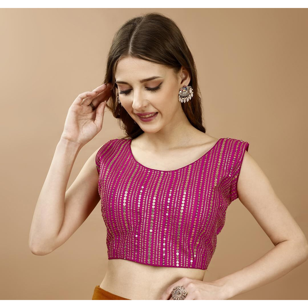 Pujia Mills Women's Sequin Embroidered U Neck Sleeveless Readymade Saree Blouse Indian Ethnic Designer Stitched Women's Pink Blouse For Women