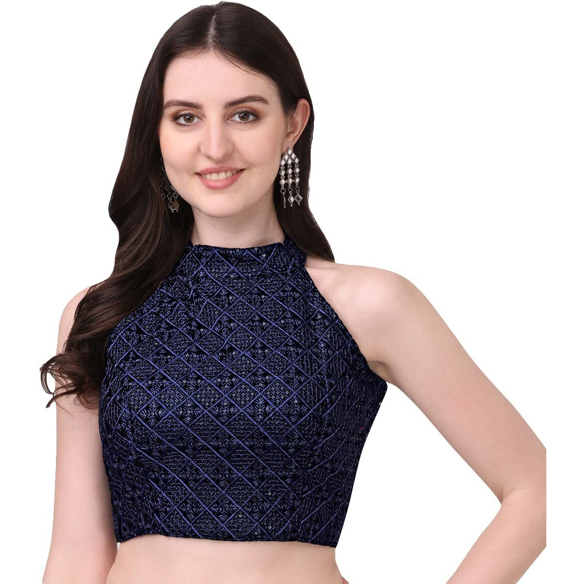 Pujia Mills Women's Navy Blue Sleeveless Blouse For Women Halter Neck Chickenkari Sequins Work Readymade Saree Blouse (Diamond Halter Neck Navy Blue 36)
