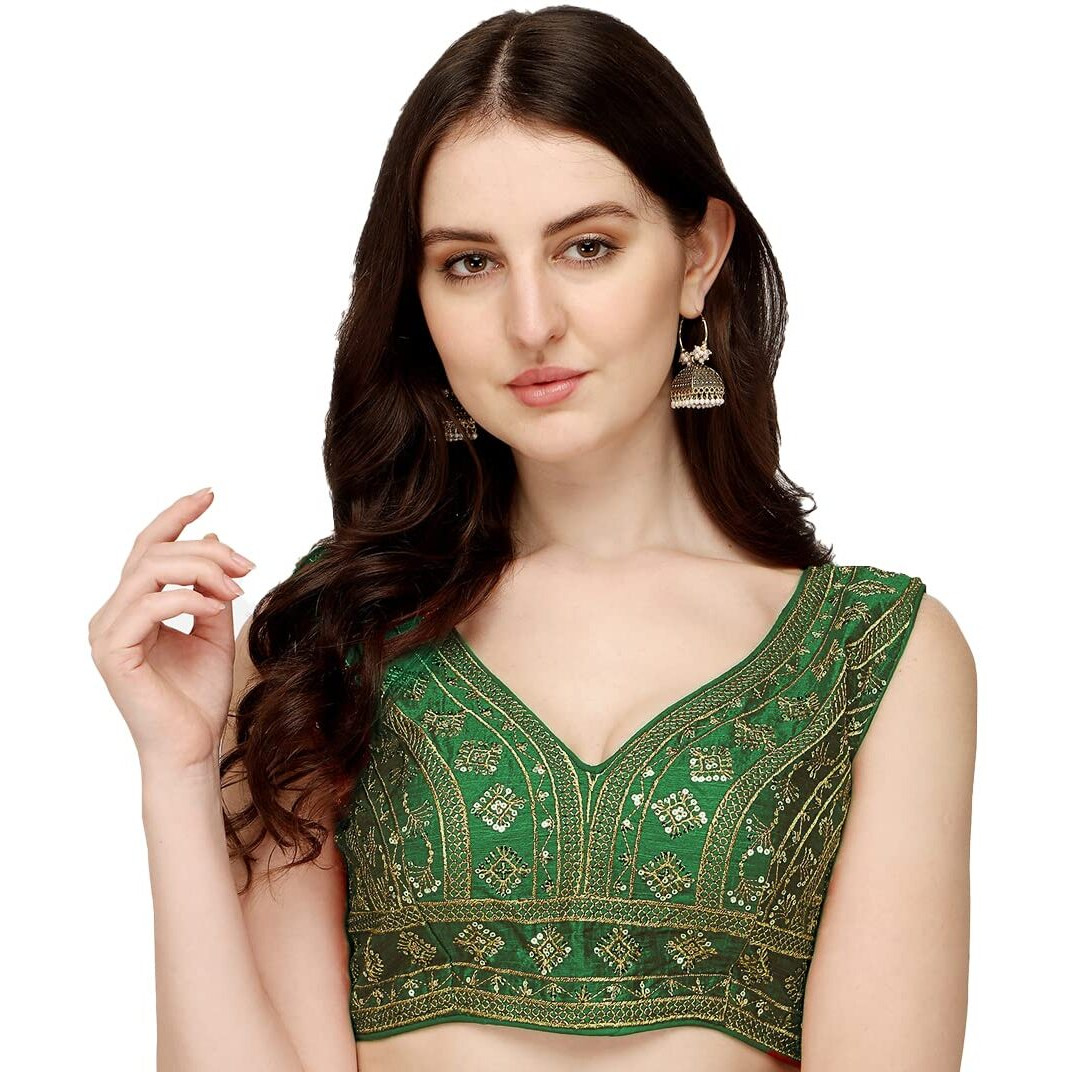 Pujia Mills Women's Silk Embroidery Sequins Zari Work Sleeveless Readymade Saree Blouse (Radha Krishna 11_Green_38)