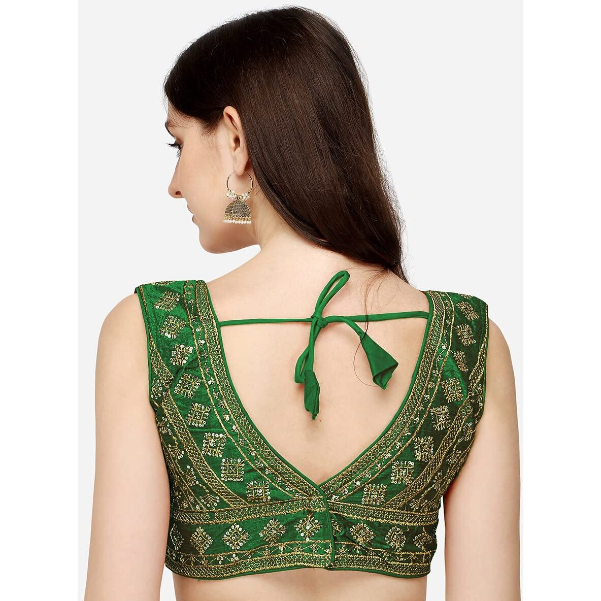 Pujia Mills Women's Silk Embroidery Sequins Zari Work Sleeveless Readymade Saree Blouse (Radha Krishna 11_Green_38)