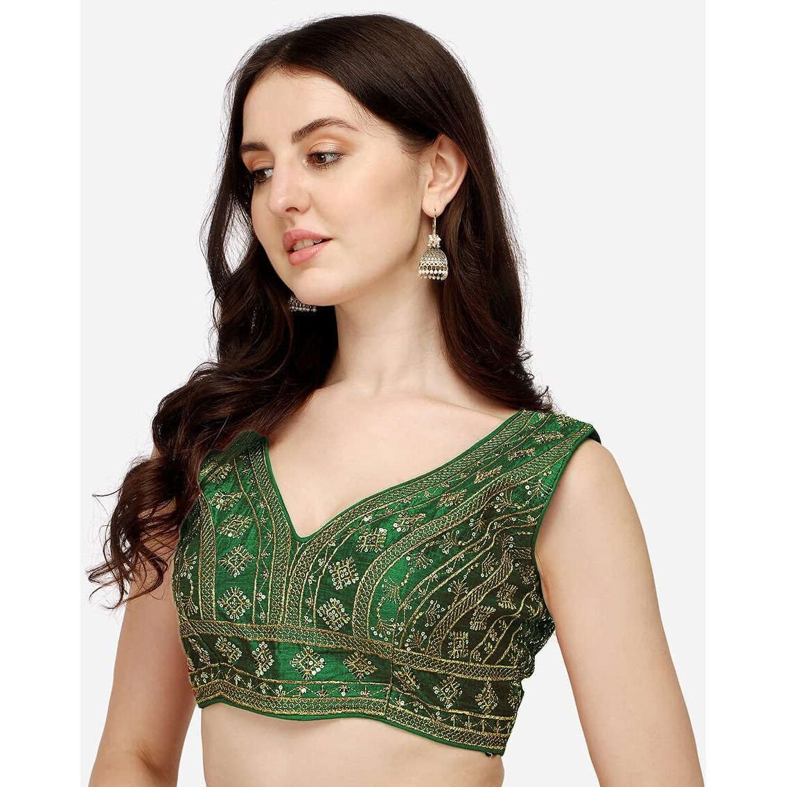 Pujia Mills Women's Silk Embroidery Sequins Zari Work Sleeveless Readymade Saree Blouse (Radha Krishna 11_Green_38)
