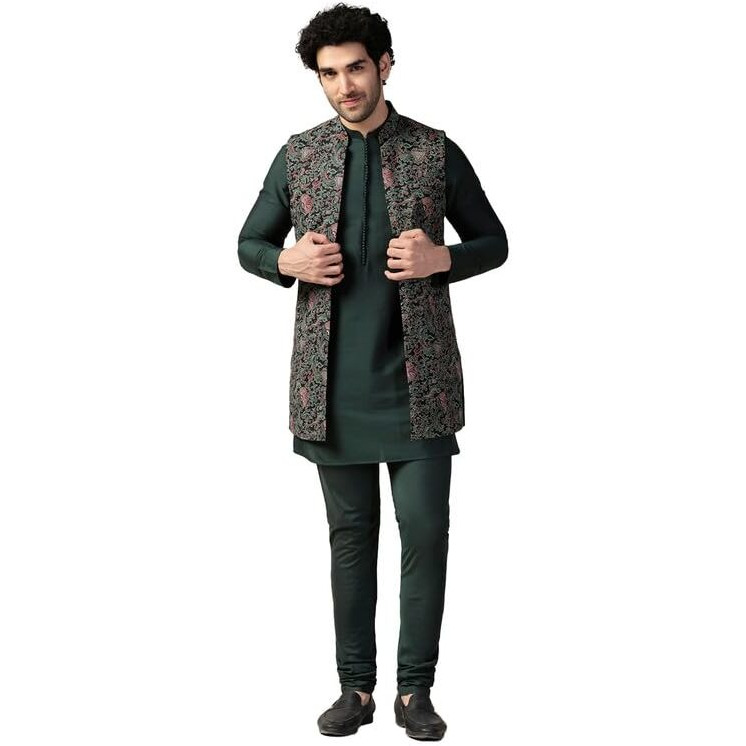 Kisah Men's Kurta Jacket Churidar Set, Multi Cotton Blend, Printed Regular Fit Mandarin Collar Long Sleeves (44)