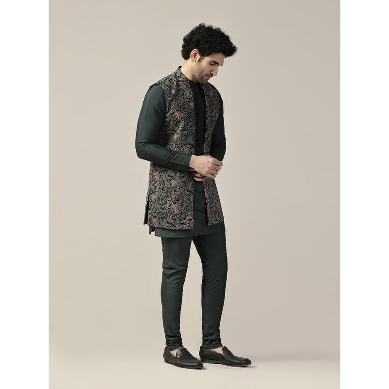 Kisah Men's Kurta Jacket Churidar Set, Multi Cotton Blend, Printed Regular Fit Mandarin Collar Long Sleeves (44)