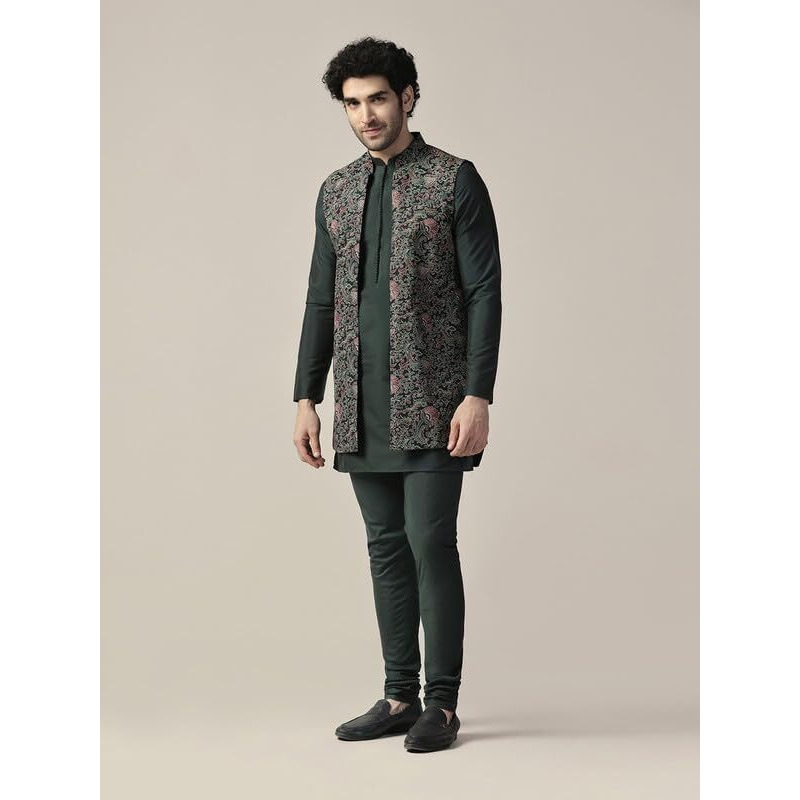 Kisah Men's Kurta Jacket Churidar Set, Multi Cotton Blend, Printed Regular Fit Mandarin Collar Long Sleeves (44)