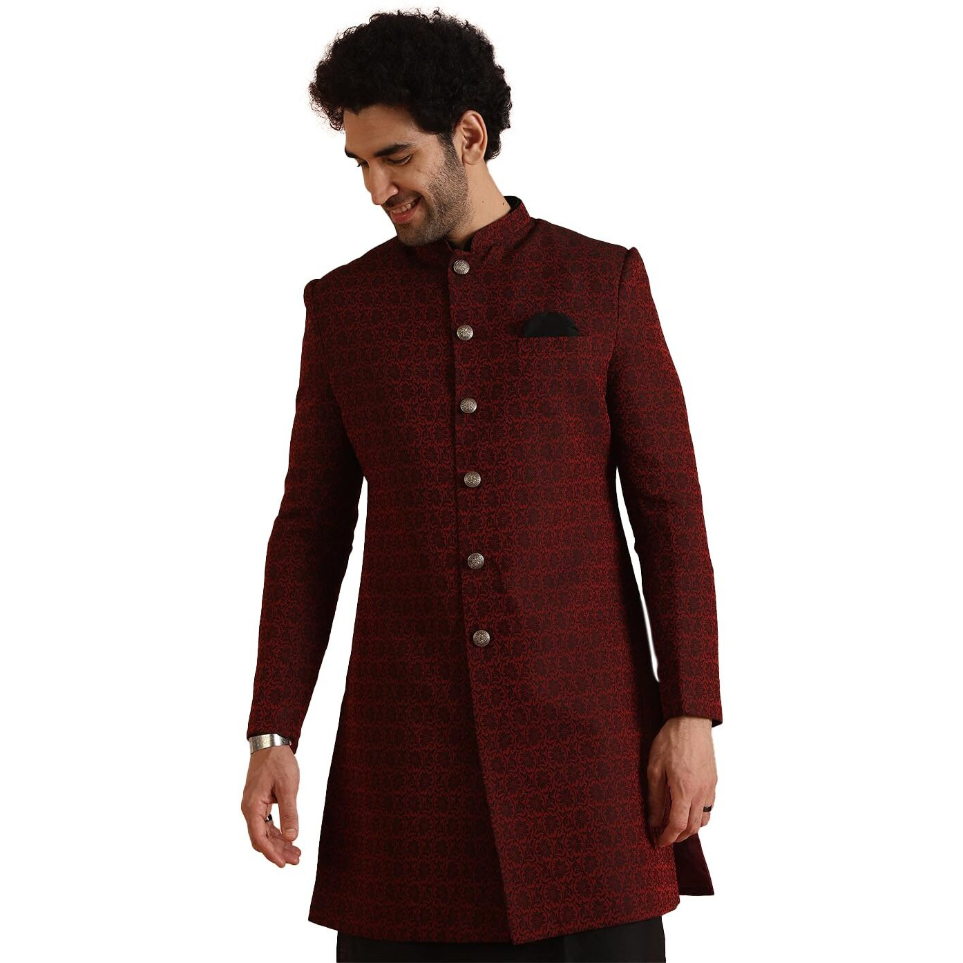 Kisah Sherwani Set For Men  Silk Blend Jacquard Indo Western Sherwani With Kurta And Trouser | Designer Ethnic Outfit For Weddings & Festivals, Maroon, 44