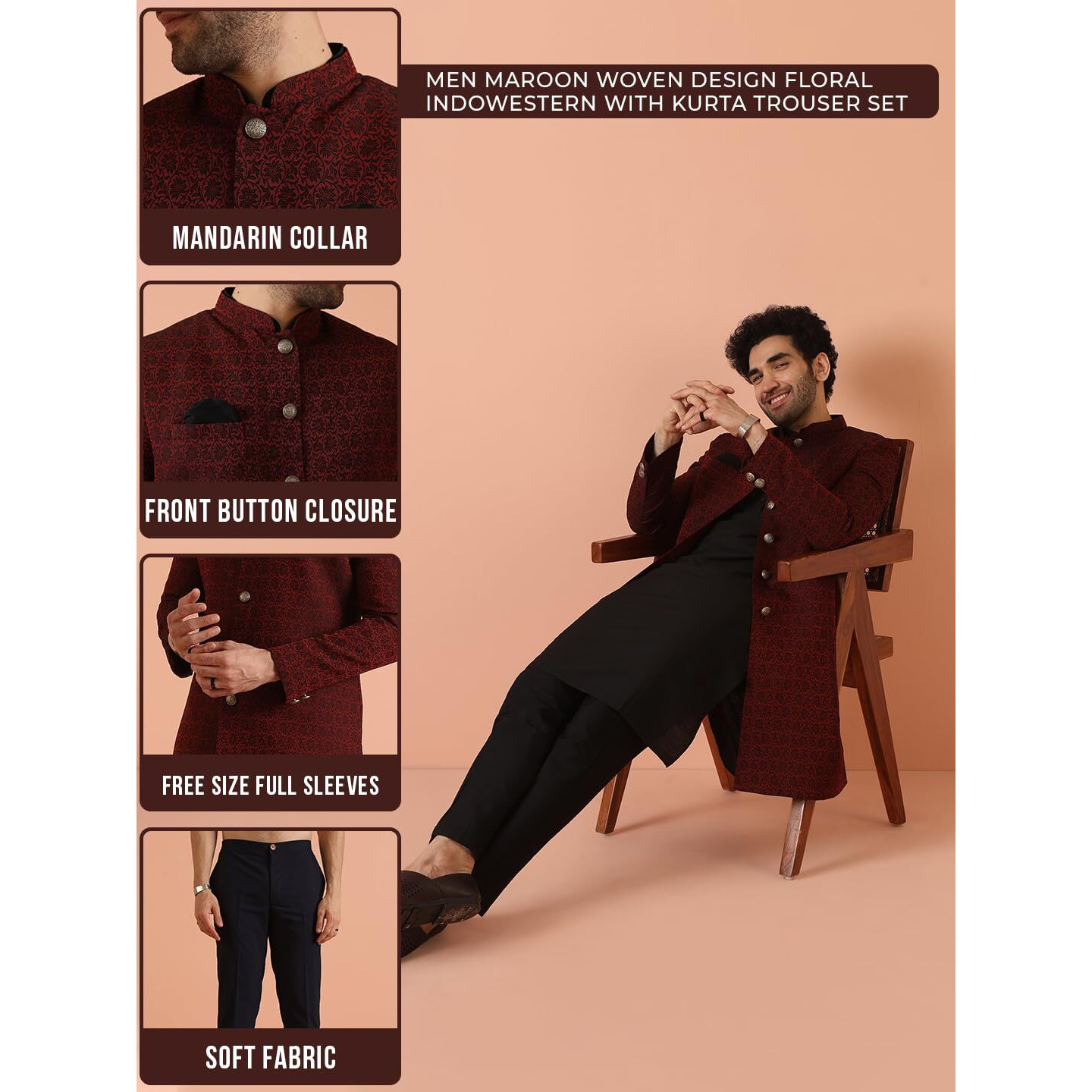 Kisah Sherwani Set For Men  Silk Blend Jacquard Indo Western Sherwani With Kurta And Trouser | Designer Ethnic Outfit For Weddings & Festivals, Maroon, 44