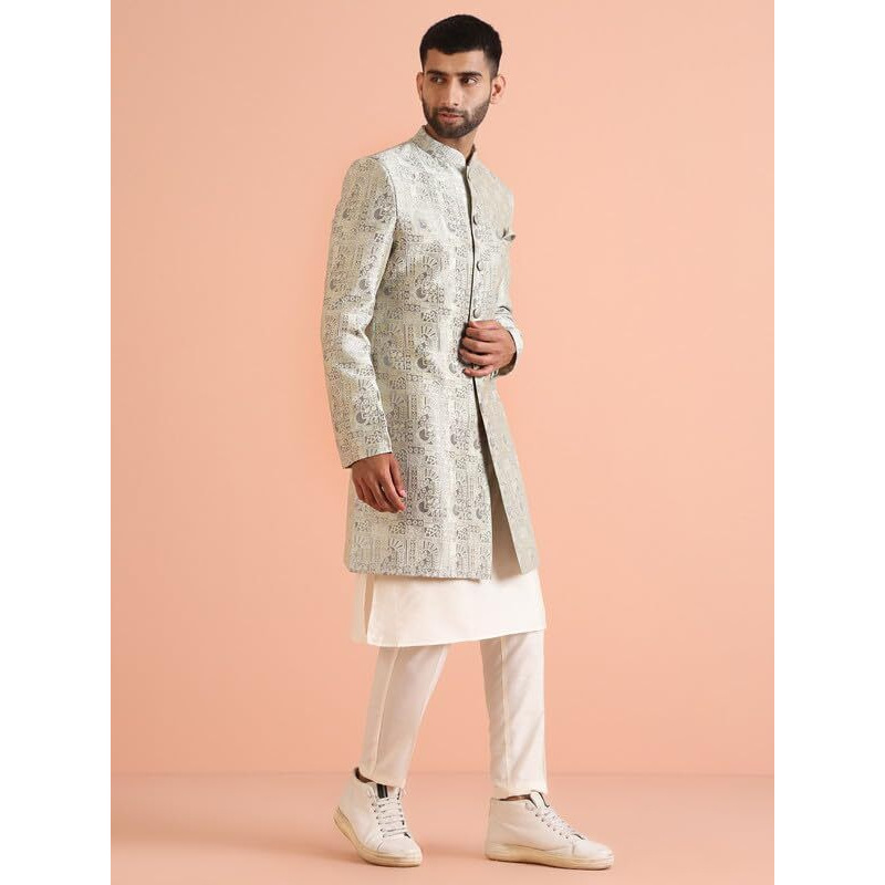 Kisah Men's Indo-Western Kurta Sherwani Trouser Set, Grey Jacquard, Woven Design Regular Fit Mandarin Collar Long Sleeves (44)