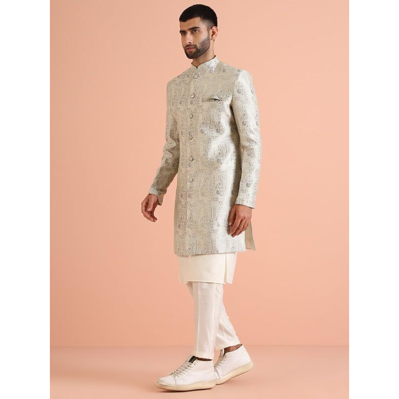 Kisah Men's Indo-Western Kurta Sherwani Trouser Set, Grey Jacquard, Woven Design Regular Fit Mandarin Collar Long Sleeves (44)