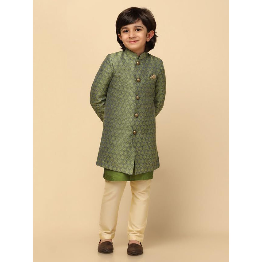 Kisah Kids Sherwani Cotton Blend Woven Design Indo-Western Sherwani For Kids, Green, 11-12 Years