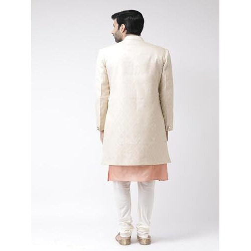 Kisah Men's Kurta Indo-Western Sherwani Churidar Set, Cream Brocade, Ethnic Motifs Regular Fit Mandarin Collar Full Sleeves (Xl)