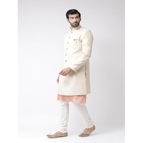 Kisah Men's Kurta Indo-Western Sherwani Churidar Set, Cream Brocade, Ethnic Motifs Regular Fit Mandarin Collar Full Sleeves (Xl)