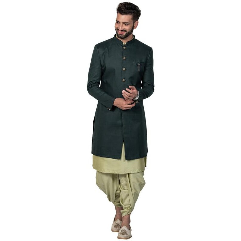 Kisah Men's Indo-Western Kurta Sherwani Dhoti Set, Green Cotton Blend, Solid Dyed Regular Fit Mandarin Collar Full Sleeves (38)