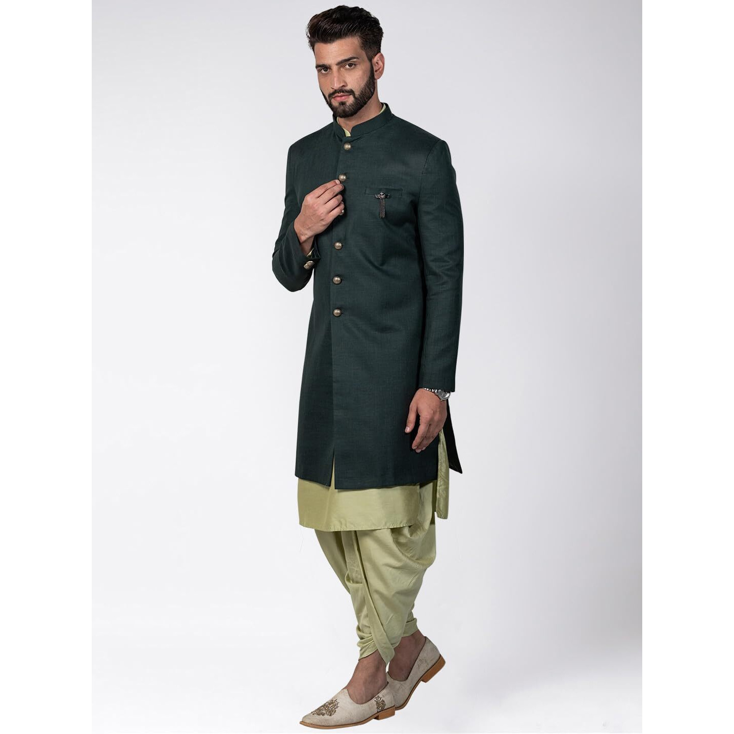 Kisah Men's Indo-Western Kurta Sherwani Dhoti Set, Green Cotton Blend, Solid Dyed Regular Fit Mandarin Collar Full Sleeves (38)