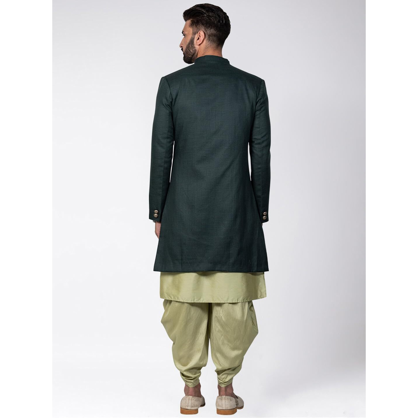 Kisah Men's Indo-Western Kurta Sherwani Dhoti Set, Green Cotton Blend, Solid Dyed Regular Fit Mandarin Collar Full Sleeves (38)