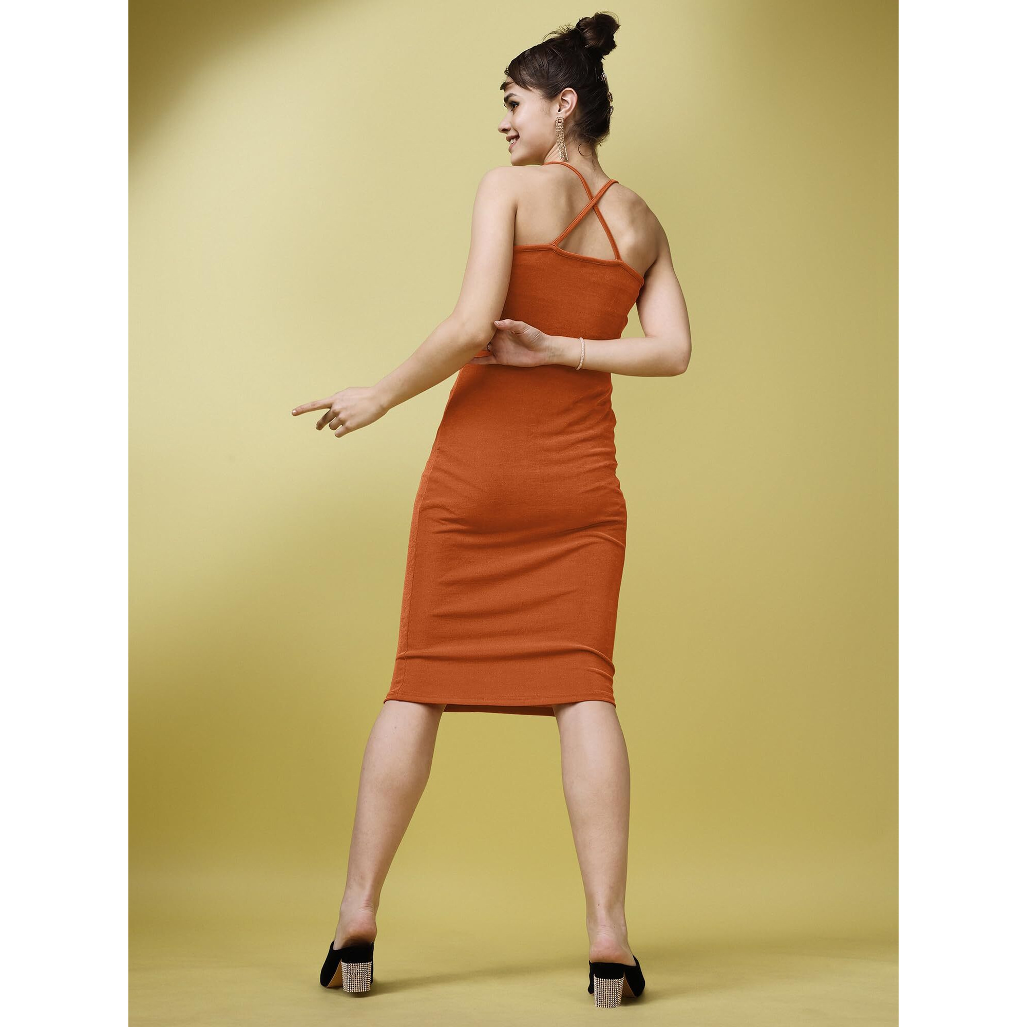 Purvaja Womens Bodycon Below Knee Length Dress (Shine-065-Carrot_Orange_Large)