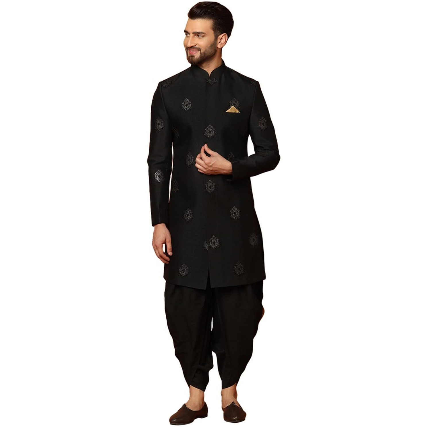 Kisah Men's Sherwani Dhoti Set, Silk Blend Full Sleaves, Knee Length, Straight, Regular Fit, Mandarin Collar Ethnic Wear, 44 Black