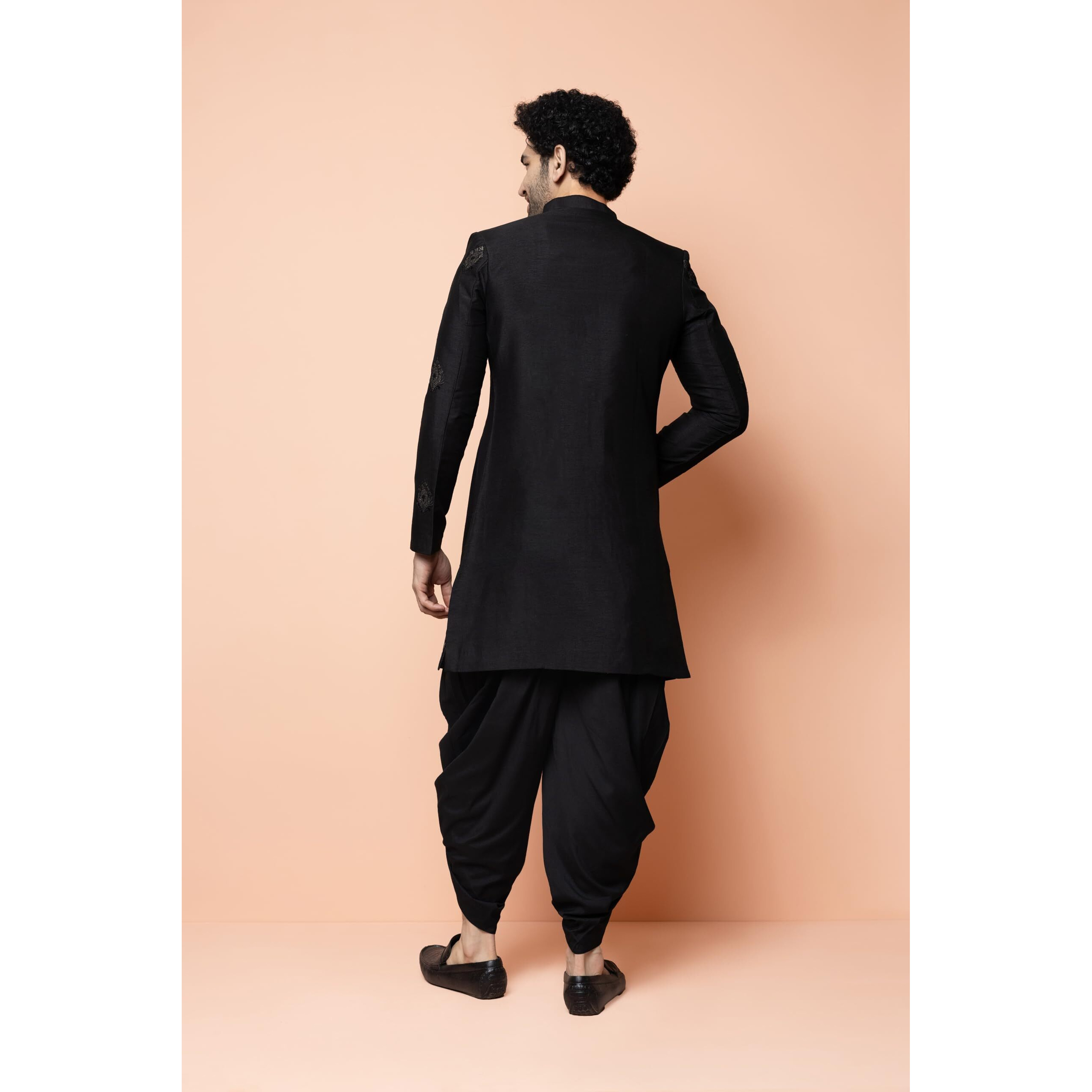 Kisah Men's Sherwani Dhoti Set, Silk Blend Full Sleaves, Knee Length, Straight, Regular Fit, Mandarin Collar Ethnic Wear, 44 Black