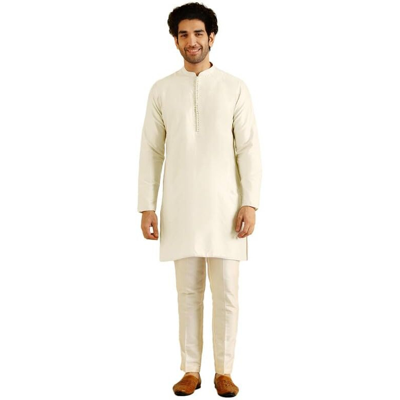Kisah Men's Mid Kurta Trouser Set, Off White Cotton Blend, Solid Regular Fit Mandarin Collar Long Sleeves (38)