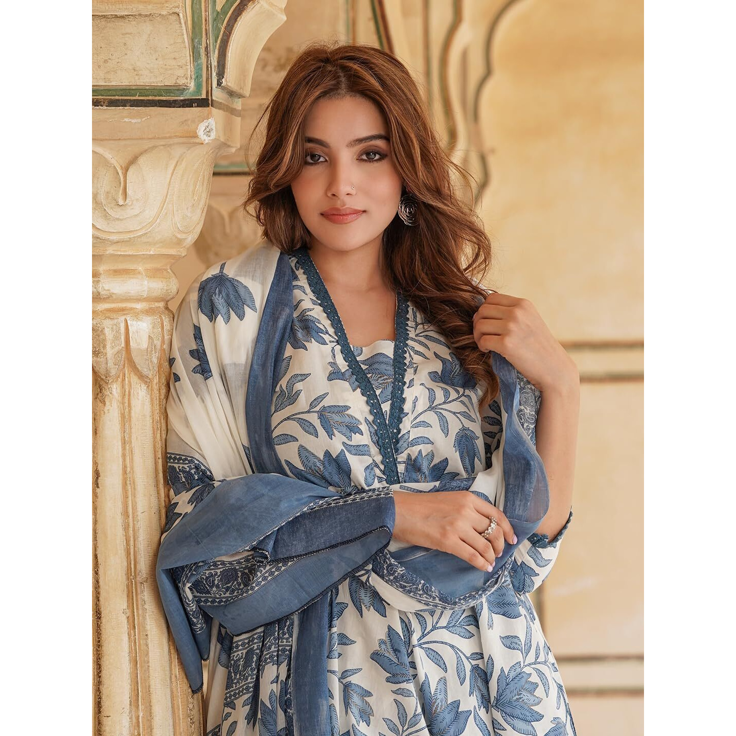 Lookmark Women's Printed Cotton Blend A-Line Kurta Pant Dupatta Set With Lace - Elegant Ethnic Wear For Women - Perfect For Casual And Festive Occasions (Az-Lm-Og-Ks2114 Blue-Xl)