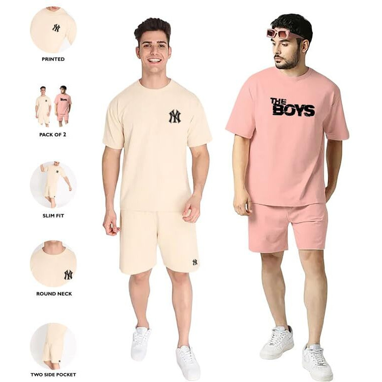 Royalscout Combo Of Mens Night Suit | Men's Co-Ord Set | Lounge-Wear Nightdress Pajama Set | Summer Night Wear | Solid Plain Casual Pajama Shorts Set |Beach Wear Pack Of 2