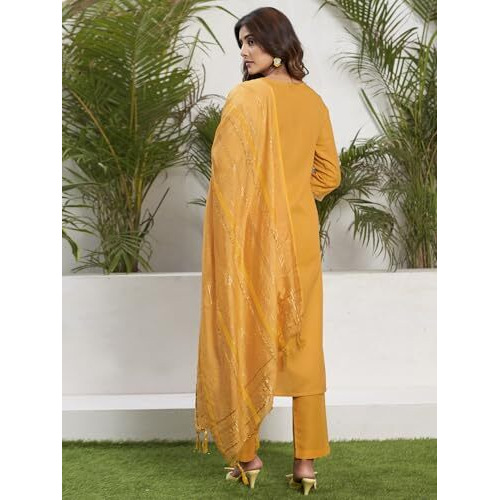 Sanisa Women's Cotton Blend Sequins Embroidery Straight Kurta With Pant And Dupatta Set (202Kbd2143N-S_Yellow)