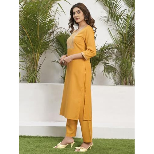 Sanisa Women's Cotton Blend Sequins Embroidery Straight Kurta With Pant And Dupatta Set (202Kbd2143N-S_Yellow)