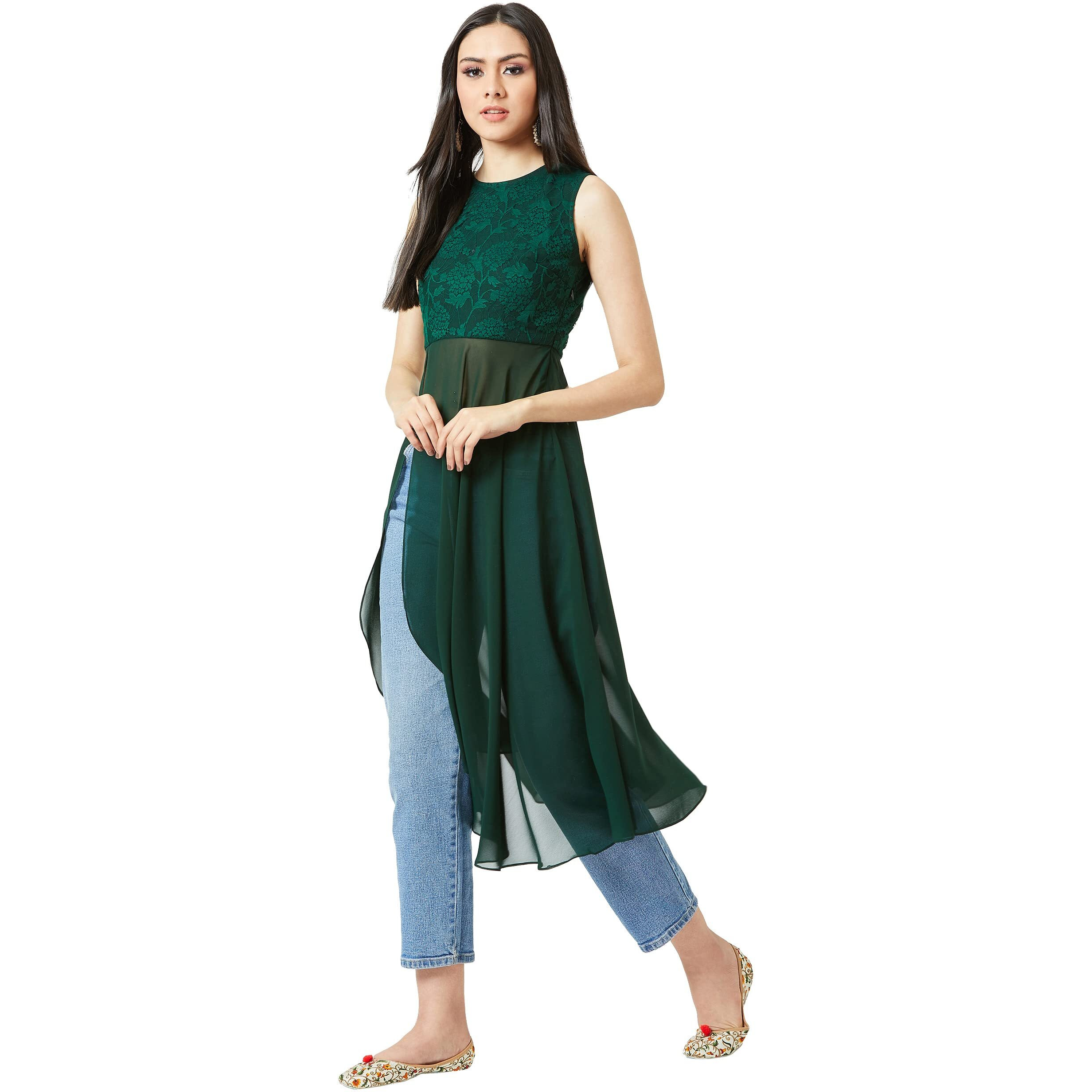 Miss Chase Women's Forest Green Round Neck Sleeveless Solid Lace Overlaid Maxi Top (Mcaw21Tp14-09-236-03,Forest Green,S)