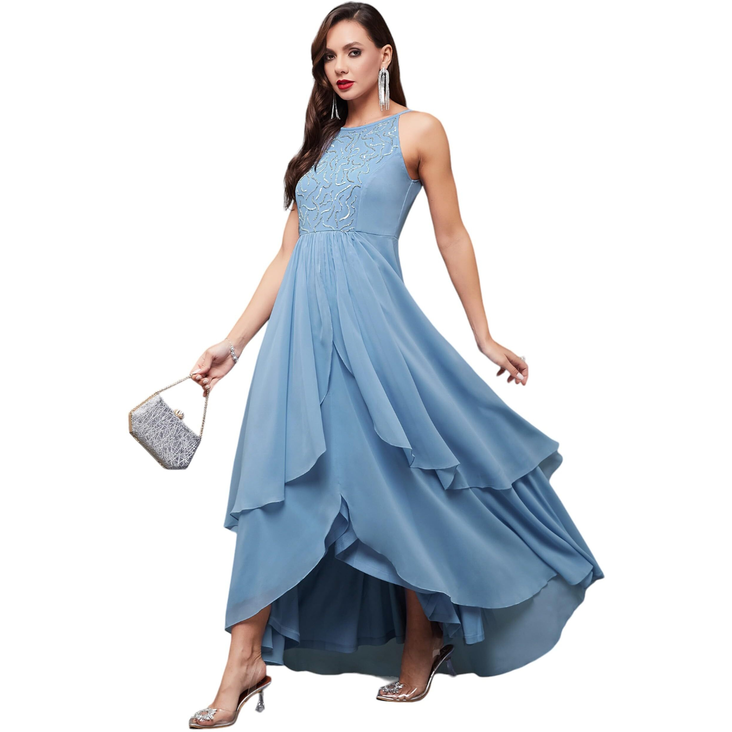 Miss Chase Women's Halter Neck Sleeveless Embroidered Layered Georgette Maxi Dress (Mcaw21D06-16-167-03, Powder Blue, S)