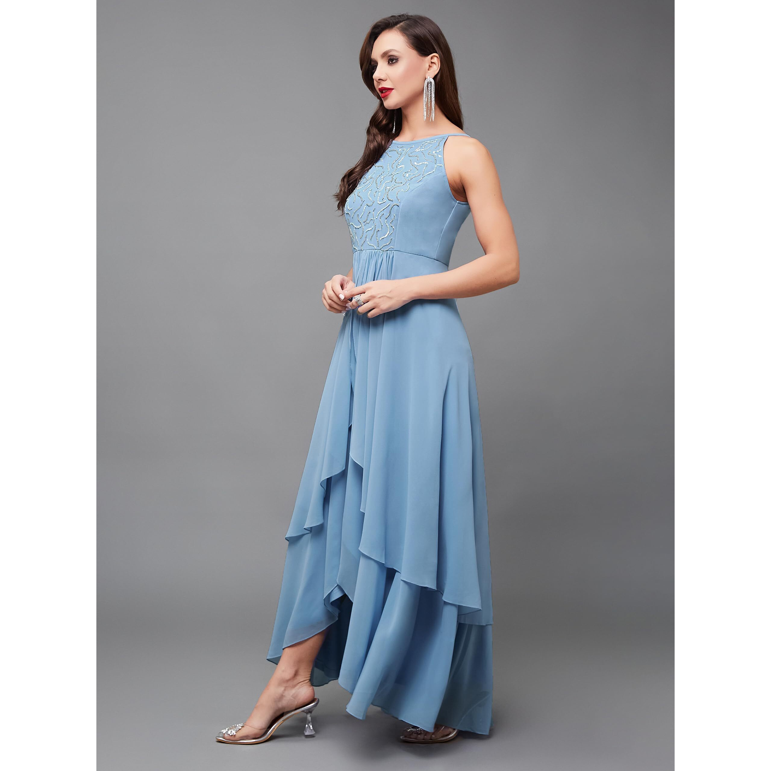 Miss Chase Women's Halter Neck Sleeveless Embroidered Layered Georgette Maxi Dress (Mcaw21D06-16-167-03, Powder Blue, S)