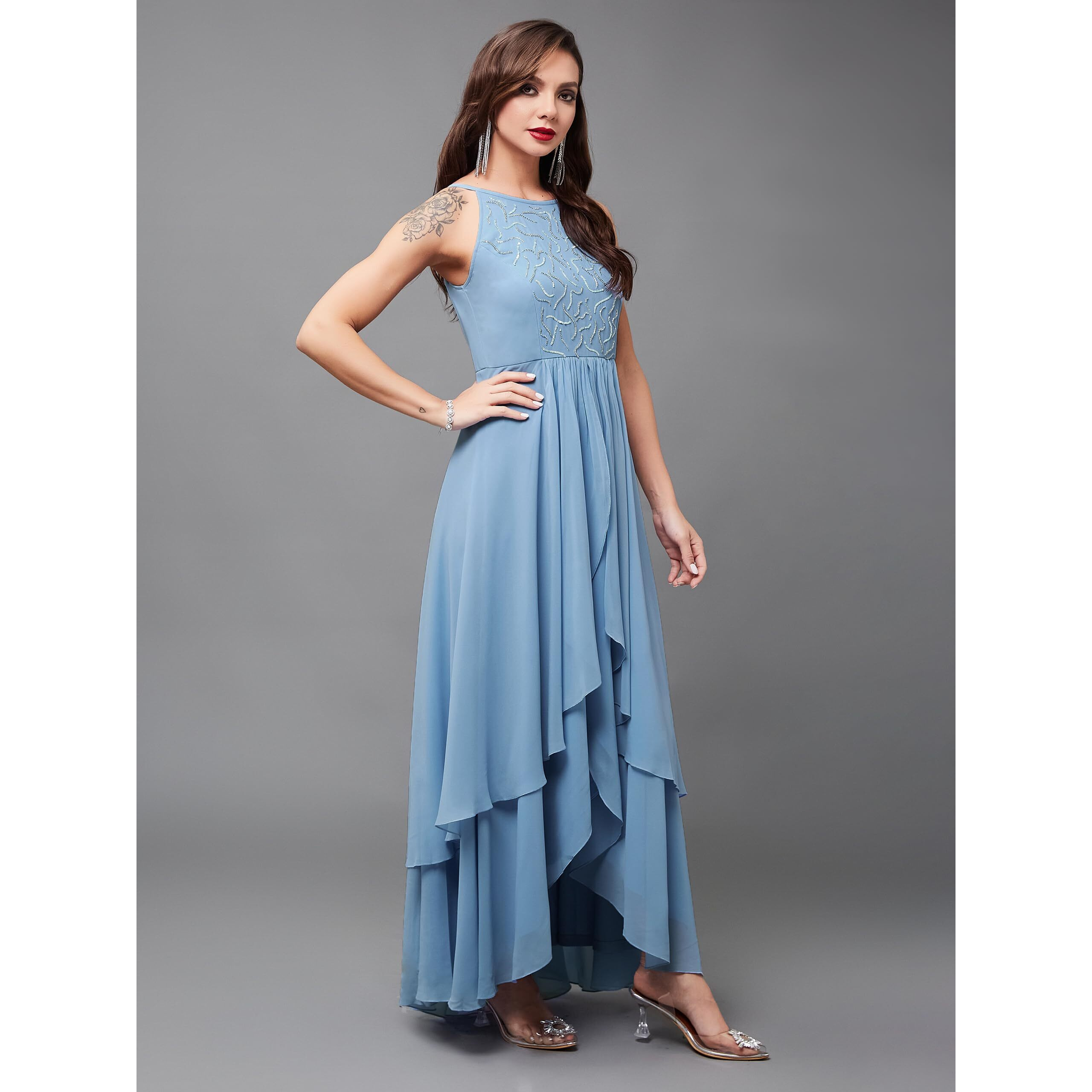 Miss Chase Women's Halter Neck Sleeveless Embroidered Layered Georgette Maxi Dress (Mcaw21D06-16-167-03, Powder Blue, S)