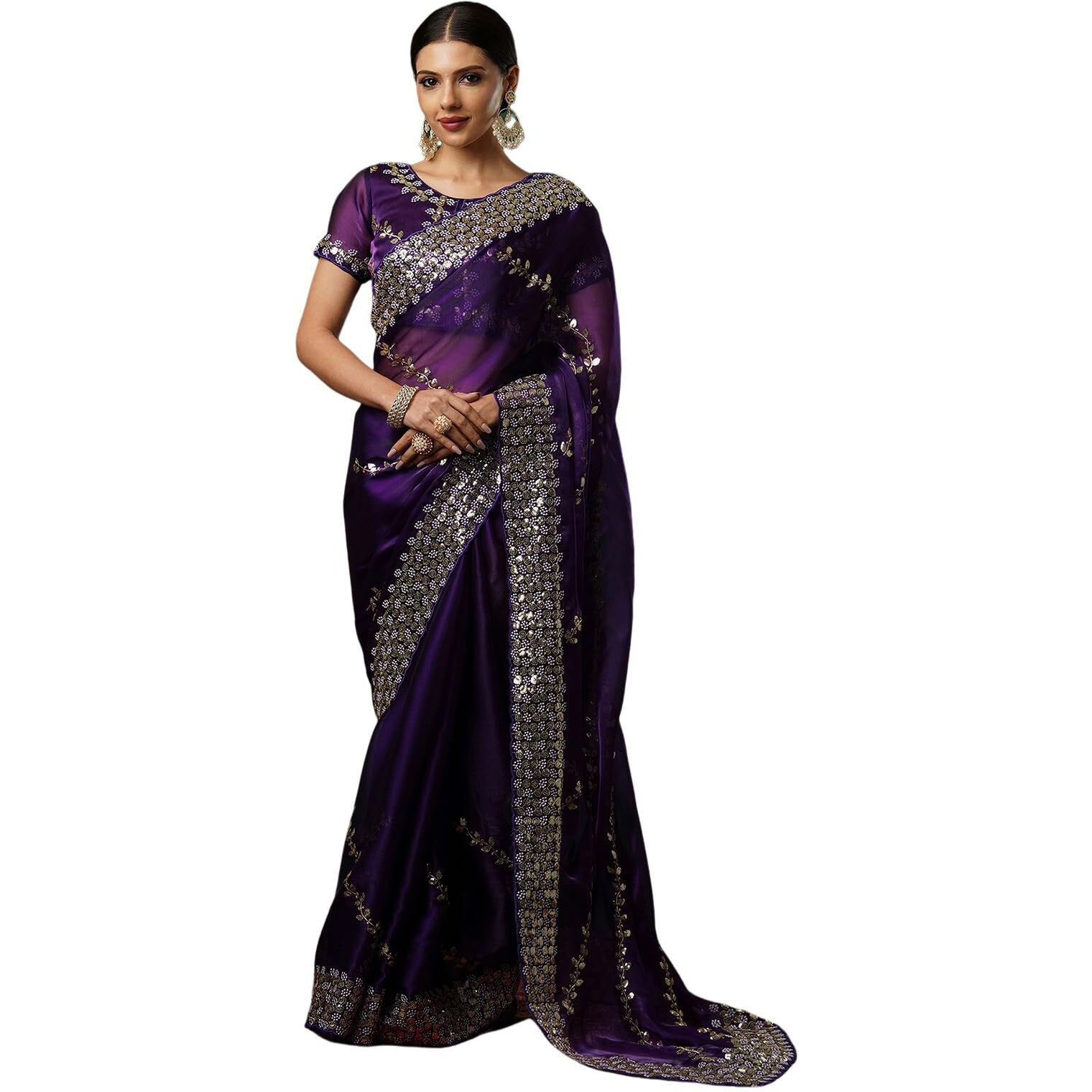 Satrani Women's Tissue Silk Sequence Embroidery Work Scalloped Border Saree With Unstitched Blouse Piece (3905S154N_Midnight Purple)