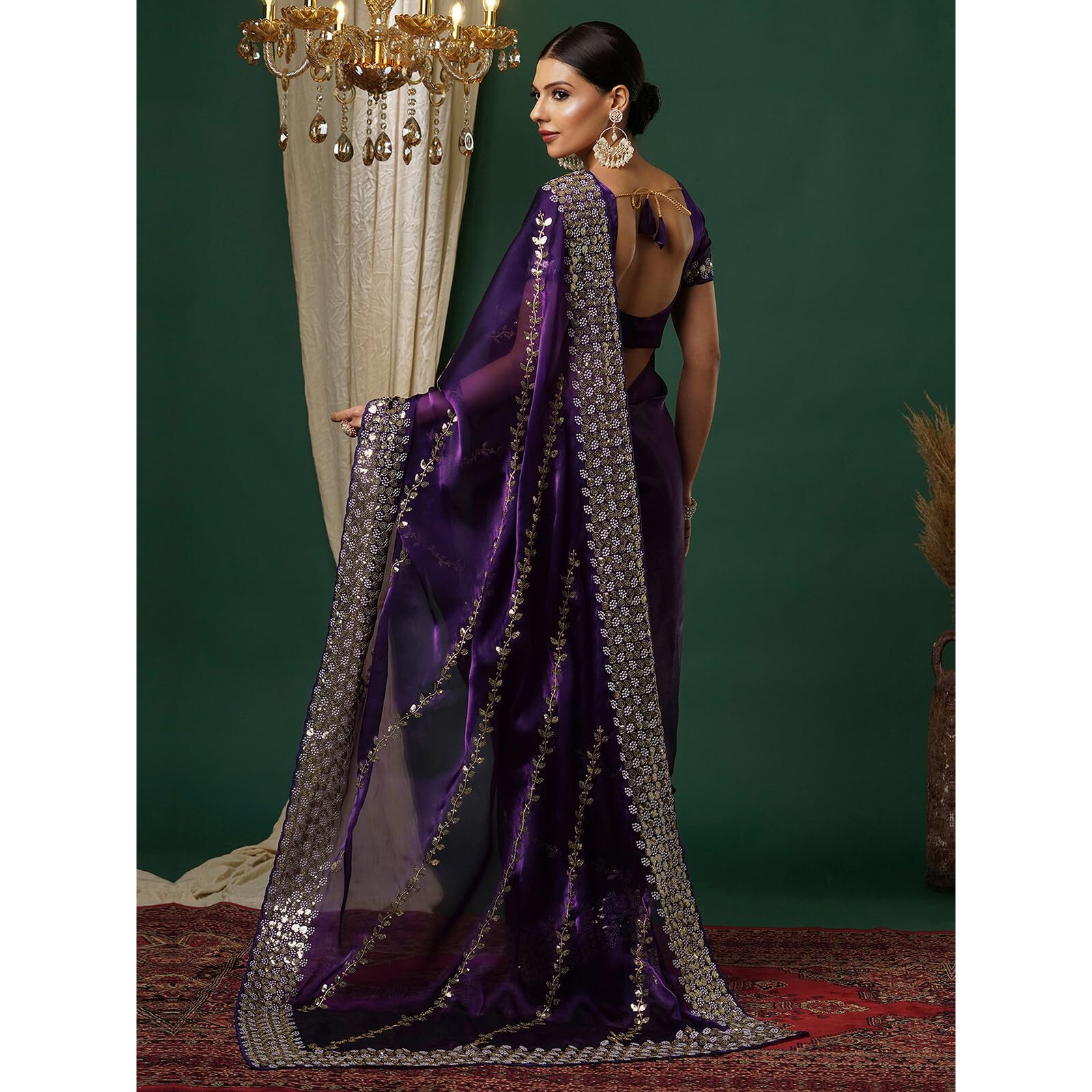 Satrani Women's Tissue Silk Sequence Embroidery Work Scalloped Border Saree With Unstitched Blouse Piece (3905S154N_Midnight Purple)