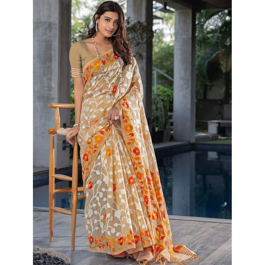 Satrani Women's Cotton Jacquard Saree With Unstitched Blouse Piece (3417S211N_Beige & White)