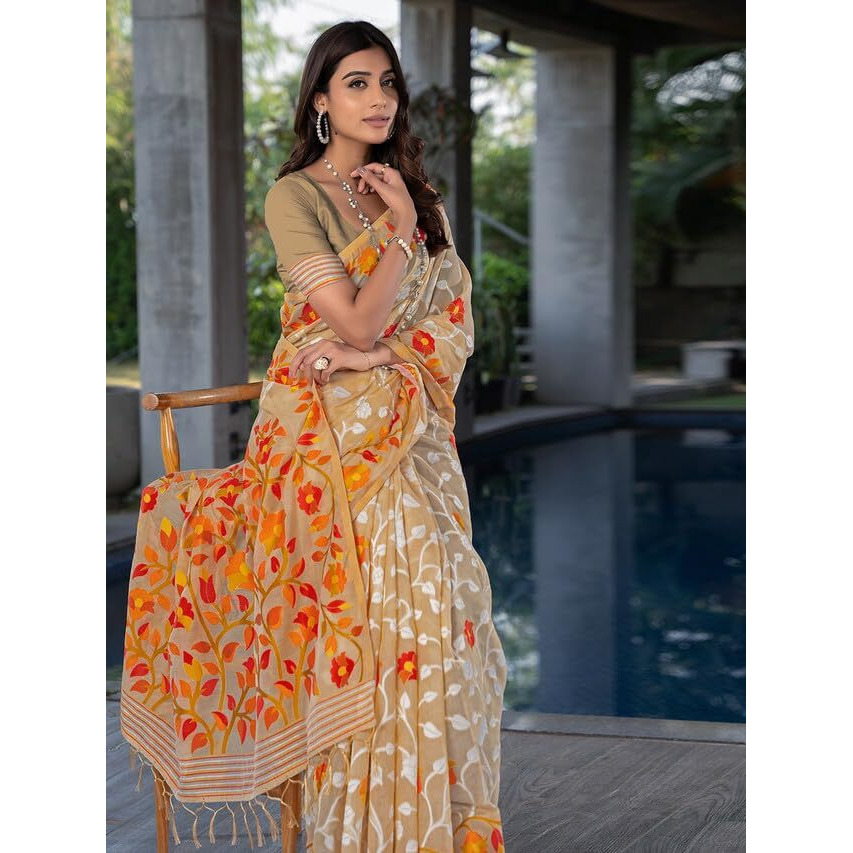Satrani Women's Cotton Jacquard Saree With Unstitched Blouse Piece (3417S211N_Beige & White)