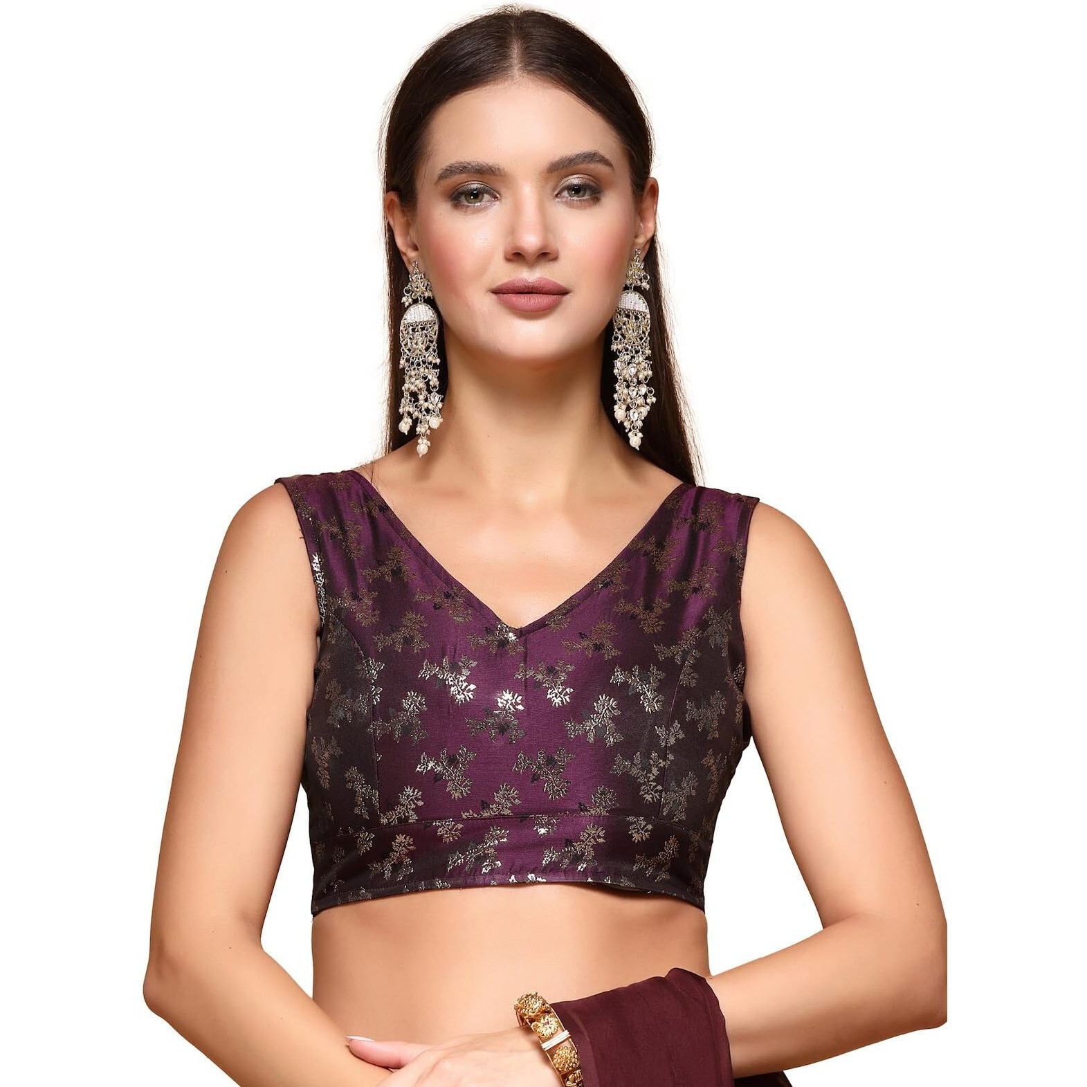 Oomph Readymade Blouse For Women, Brocade, Sleeveless, V-Neck, Rbbl654