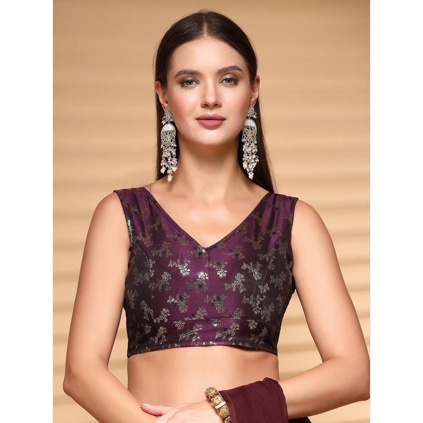 Oomph Readymade Blouse For Women, Brocade, Sleeveless, V-Neck, Rbbl654