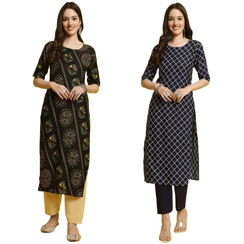 Pinkmint Kurta & Pant Set Ll Printed Kurti Ll Combo Kurta Set Ll (Pack Of 2) Black-Blue