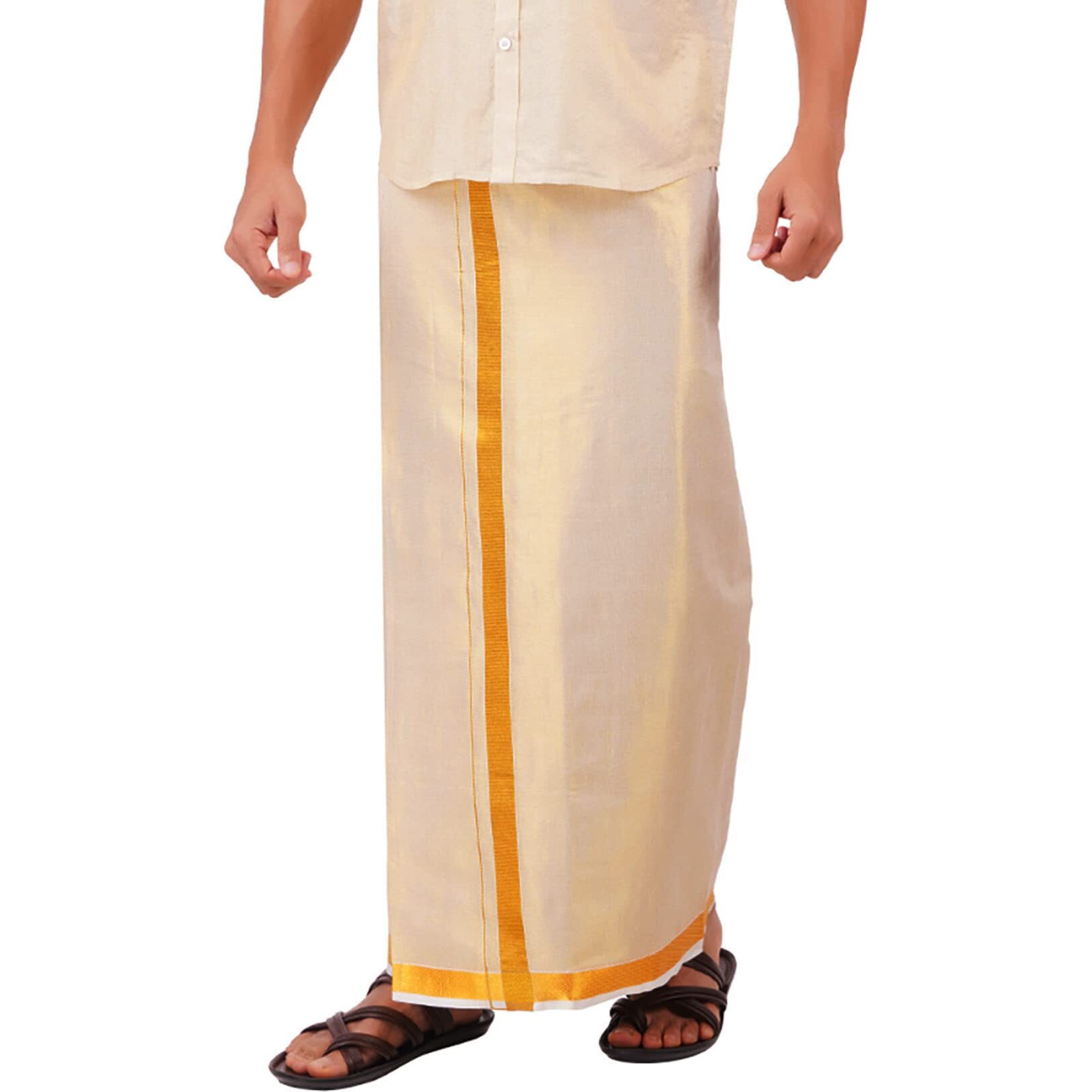 Prakasam Cotton Tissue Gold Readymade Welcro Pocket Jari (50K) Solid Men Dhoti/Tissue 8 Mulam (Double) Readymade Pocket Dhoti