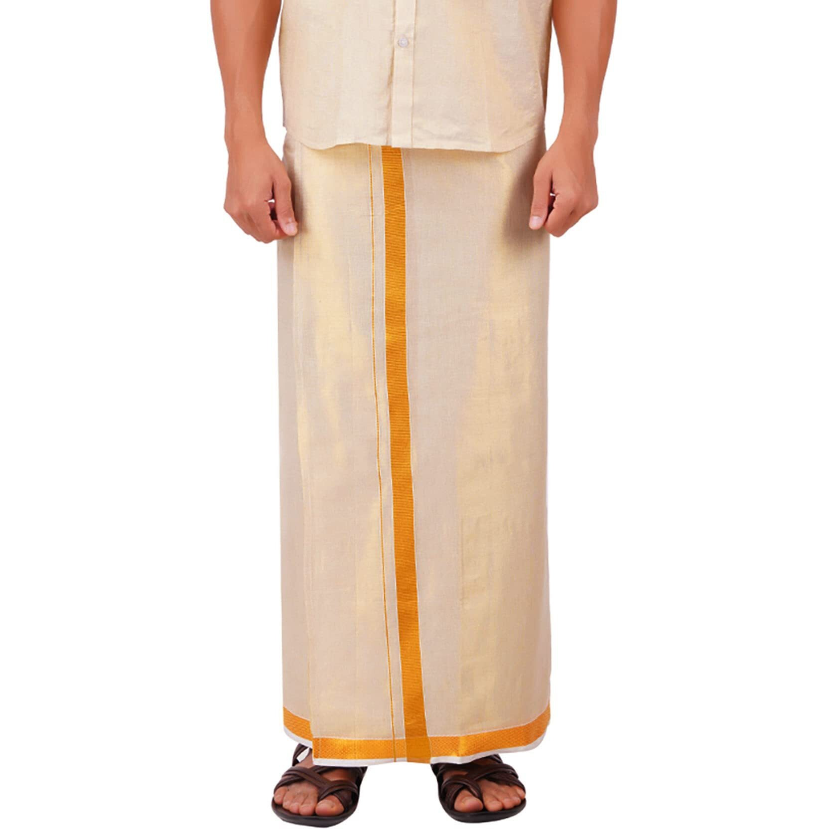 Prakasam Cotton Tissue Gold Readymade Welcro Pocket Jari (50K) Solid Men Dhoti/Tissue 8 Mulam (Double) Readymade Pocket Dhoti