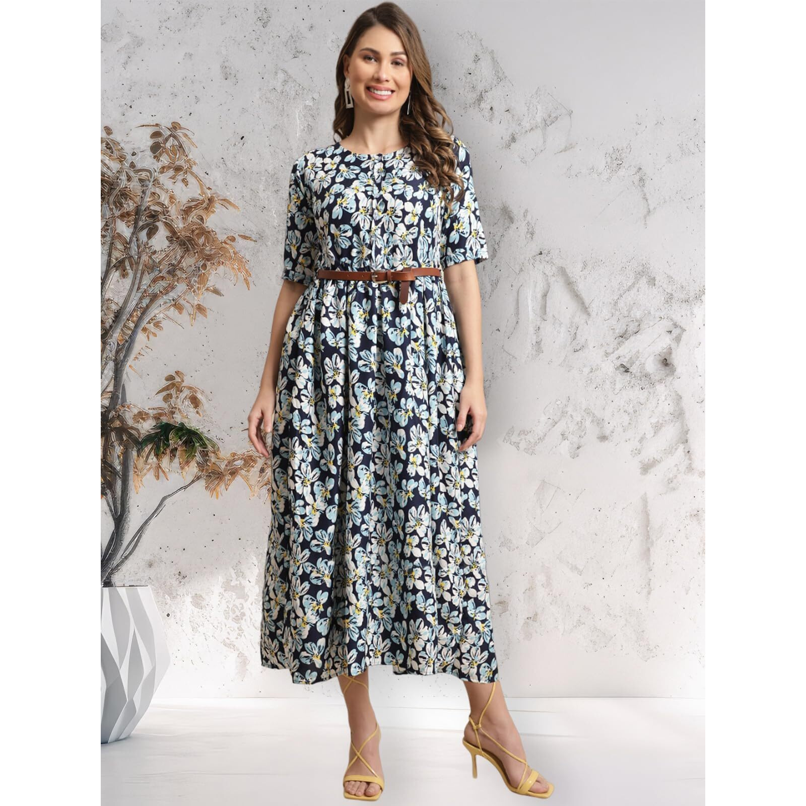 Preneum Girls's Georgette Floral Printed 3/4 Slevees A-Line Fit & Flare Gown With Belt, Sky Blue, L