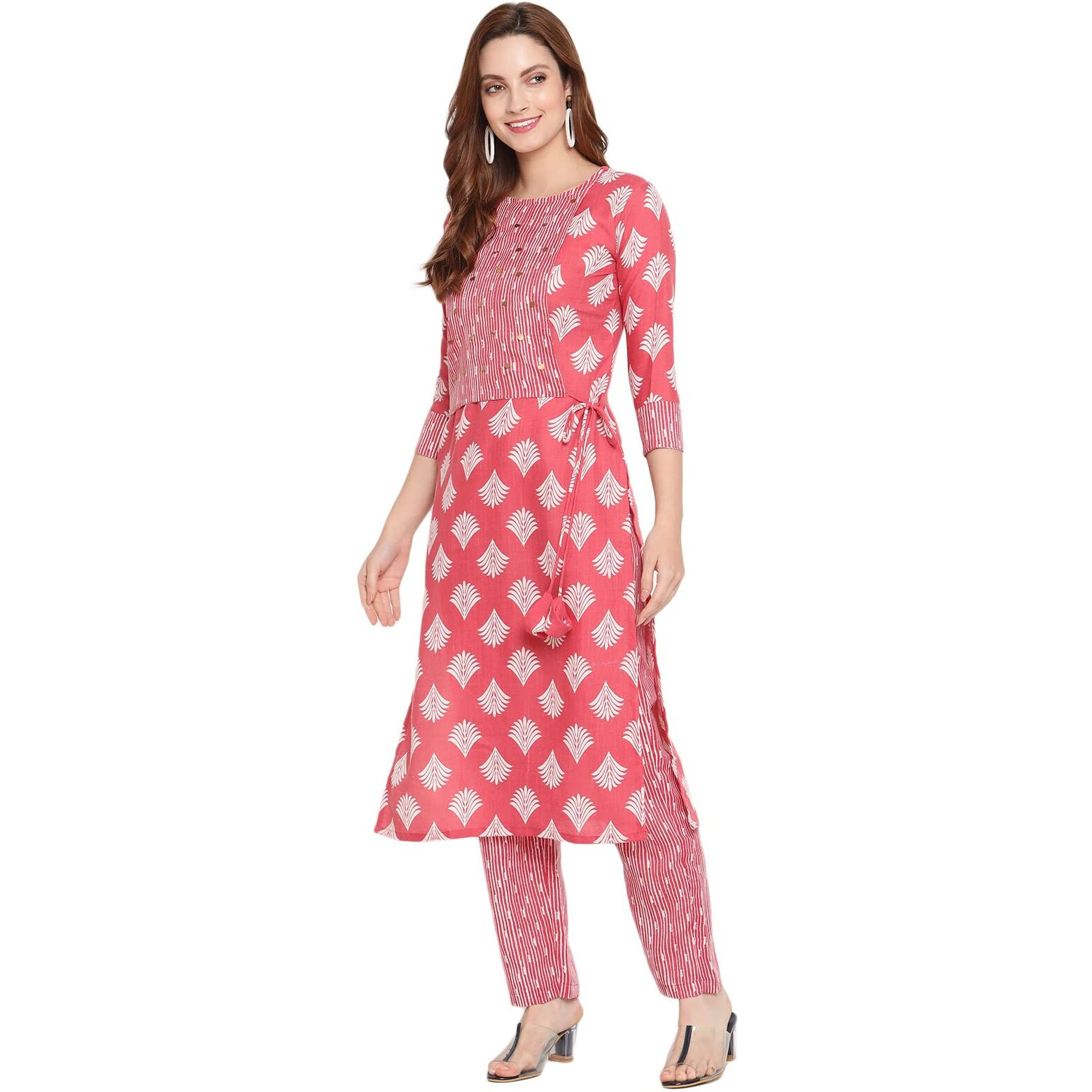 Shasmi Women's Pink Cotton Straight Kurta With Checkered Trouser (Kurta 24 Pink S)