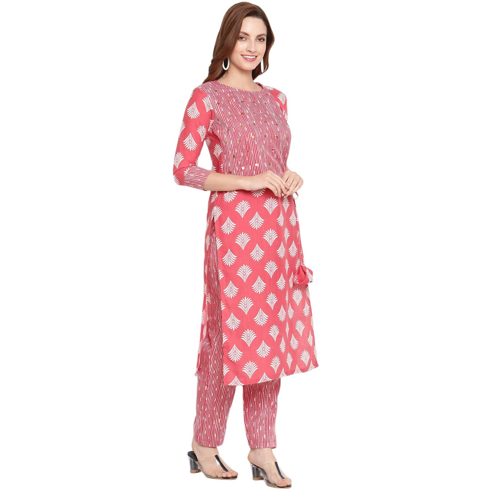 Shasmi Women's Pink Cotton Straight Kurta With Checkered Trouser (Kurta 24 Pink S)