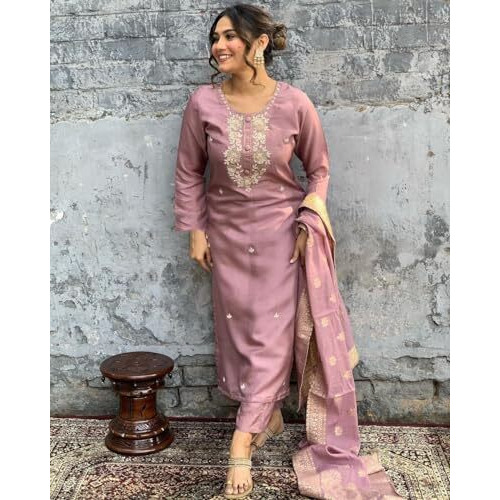 Shiv Textiles Embroidery Onion Kurta Trousers With Dupatta Striped Viscose Silk Blend Three-Quarter Sleeves Kurta Sets For Womens(Jd-Vanni-Onion-S)