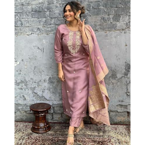 Shiv Textiles Embroidery Onion Kurta Trousers With Dupatta Striped Viscose Silk Blend Three-Quarter Sleeves Kurta Sets For Womens(Jd-Vanni-Onion-S)