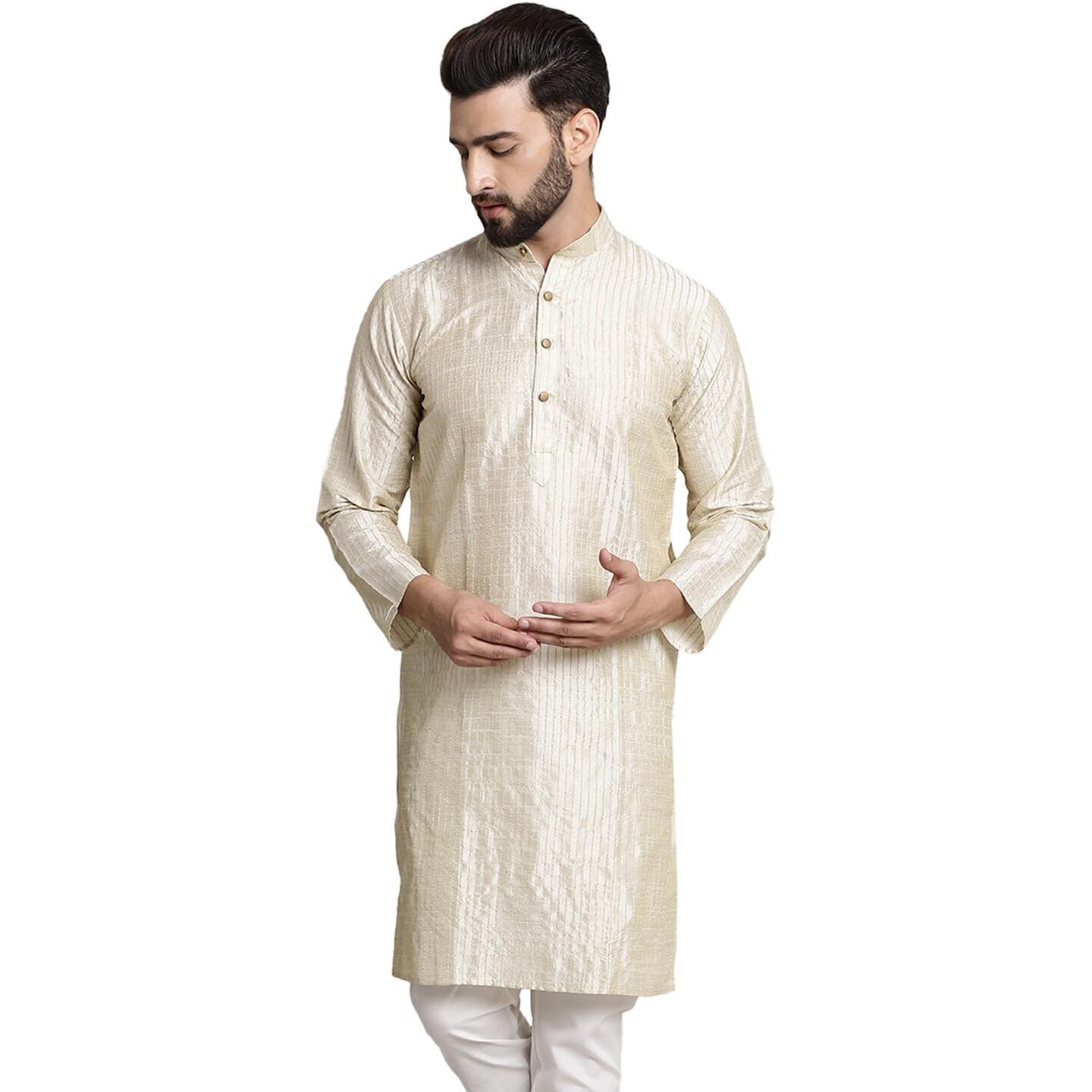 Sojanya (Since 1958 Men's Silk Blend Cream Color Striped Design Only Long Kurta