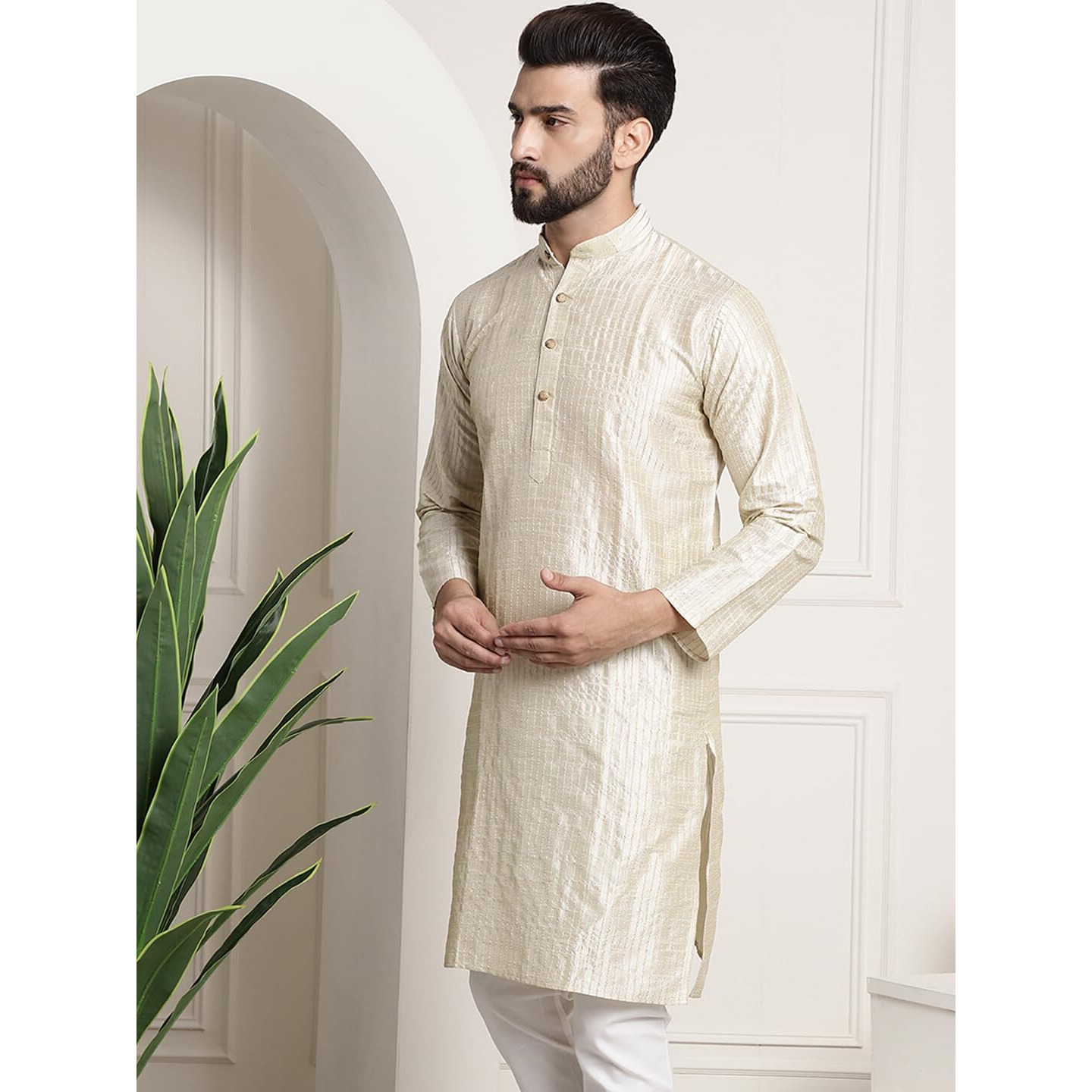 Sojanya (Since 1958 Men's Silk Blend Cream Color Striped Design Only Long Kurta